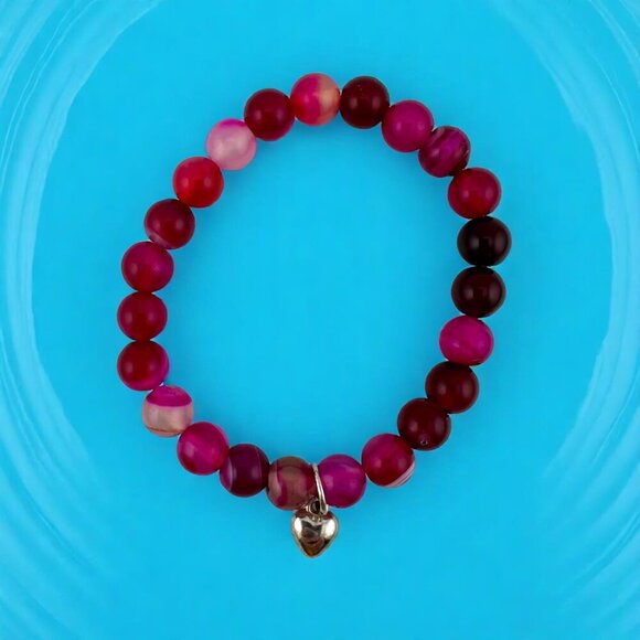 Pink and Red Agate Stretch Bracelet Silver Tone Heart Charm - Picture 5 of 8